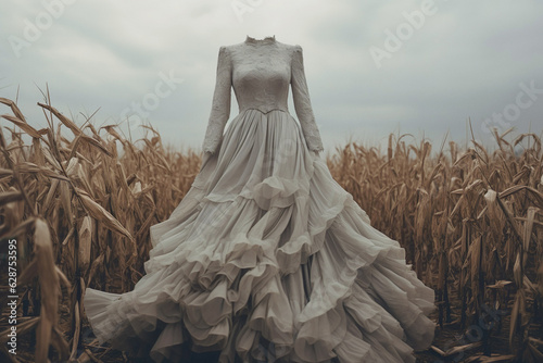Empty Victorian era white wedding dress hovering over dry corn field. Spooky scene with  ghost woman.  photo