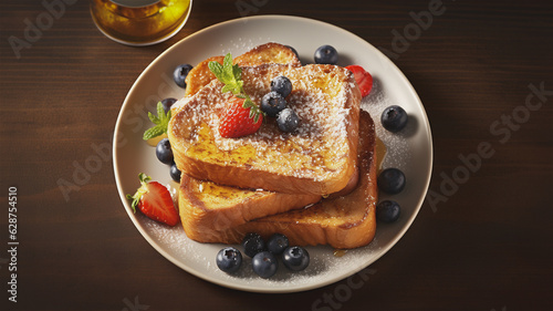 A plate of French toast on a kitchen island with strawberries and blueberries. A sweet breakfast.