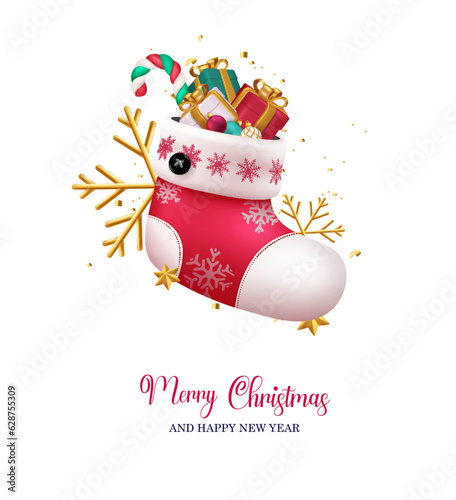 Christmas sock vector design. Merry christmas and happy new year text with santa claus stocking for surprise gift season decoration. Vector illustration holiday season greeting card background. 