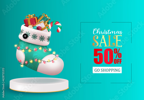 Christmas sale text vector banner design. Christmas podium with santa claus socks and gifts elements for holiday season decoration. Vector illustration product display presentation banner.
