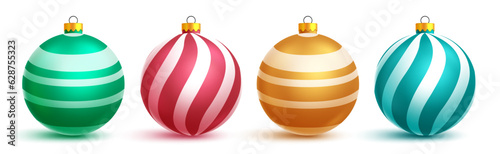 Christmas balls vector set design. Christmas ball and xmas bauble decoration ornaments with stripe pattern isolated in white background. Vector illustration xmas balls elements collection.
