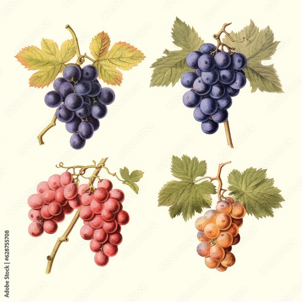 Obraz premium Drawing of Bunches of grapes on a white background. generative ai.