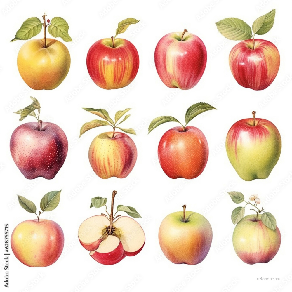 Set apples. Watercolor harvest apple with leaf isolated on white background, fresh fruit. illustration. generative ai. Set apples. Watercolor harvest apple with leaf isolated on white background, fresh fruit. illustration. generative ai.