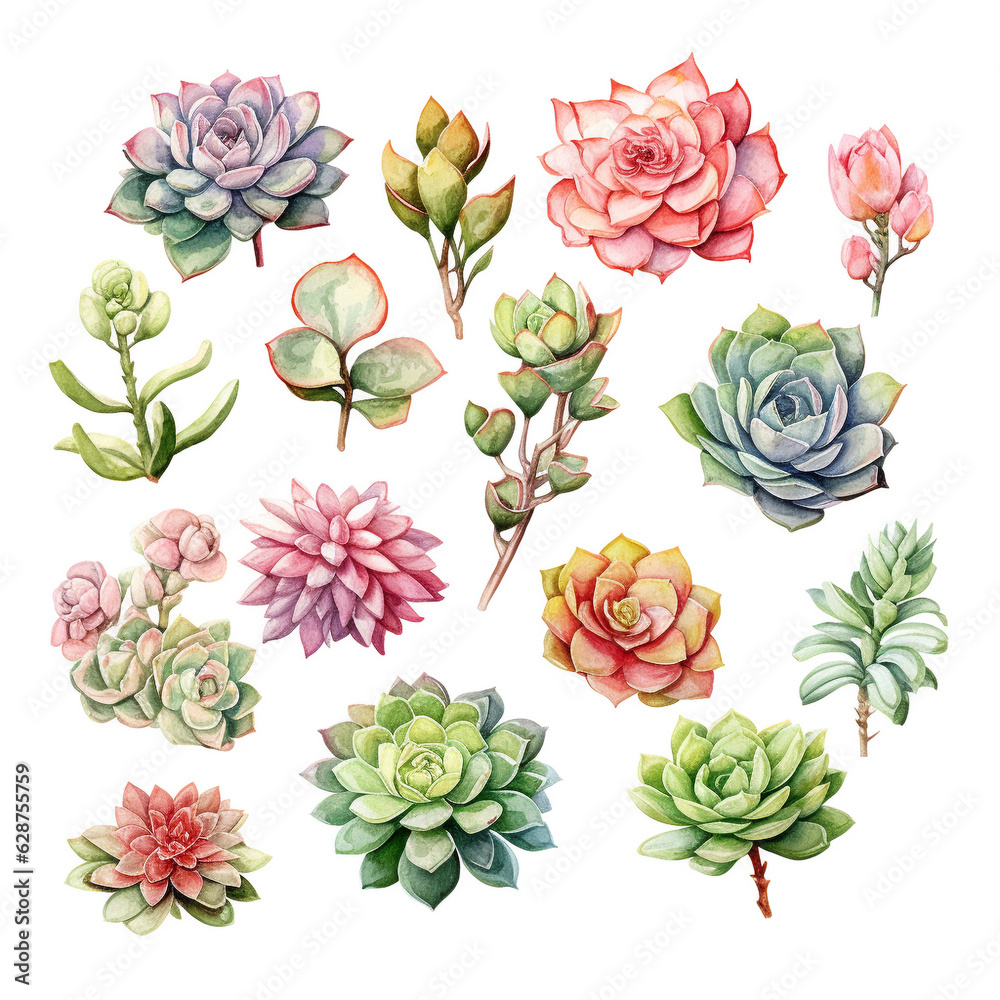 Succulents painted with watercolor on a white background. generative ai. Succulents painted with watercolor on a white background. generative ai.
