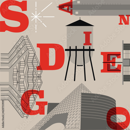 Typography word "San Diego" branding technology concept. Collection of flat vector web icons, culture travel set, famous architectures, specialties detailed silhouette. American famous landmark.