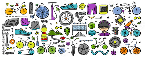 Fototapeta Naklejka Na Ścianę i Meble -  Bicycle time. Types of bicycles, tools and spare parts. Horizontal frame for your design - print, cards, t-shirts etc