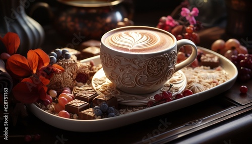 A white cup of coffee with patterns on it  chocolate cubes  and berries