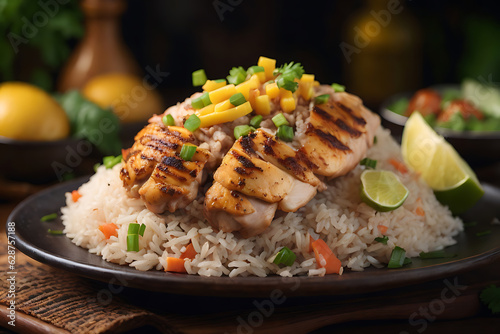 A plate of chicken breast with rice and vegetables