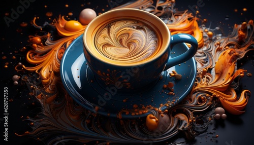 A blue cup of coffee in the middle of swirling patterns of caramel