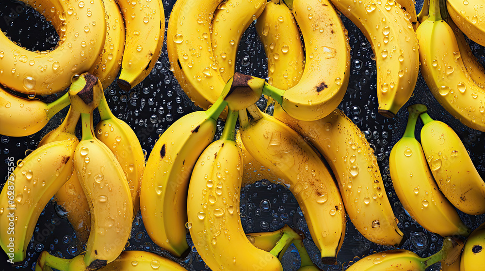 bananas on the water, fresh bananas seamless background, adorned with glistening droplets of water. Top down view. bananas on the water, fresh bananas seamless background, adorned with glistening droplets of water. Top down view.