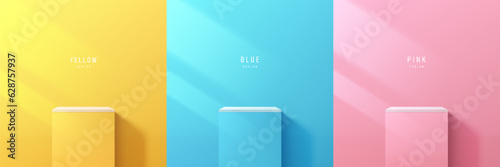 Set of 3d background yellow, blue and pink cube box pedestal podium with window lighting on wall scene. Abstract composition in minimal design. Platforms cosmetic product presentation. Stage showcase.
