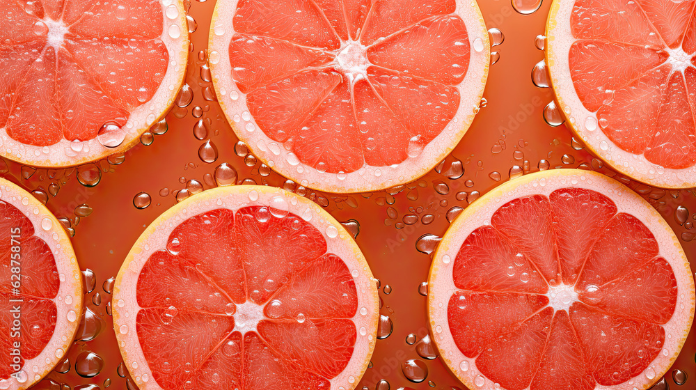 grapefruits on the water, fresh grapefruits seamless background, adorned with glistening droplets of water. Top down view.