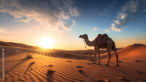 photograph of silhouette of a camel in the desert Dubai, United Arab Emirates, beautiful sky at sunrise, generative ai