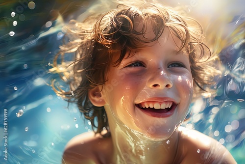 close up portrait of young boy swimming in pool with water splash, generative Ai © QuietWord