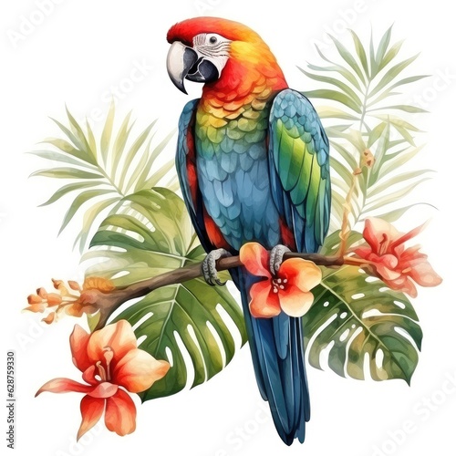 watercolor parrot in tropical leaves isolated on white  AI Generated