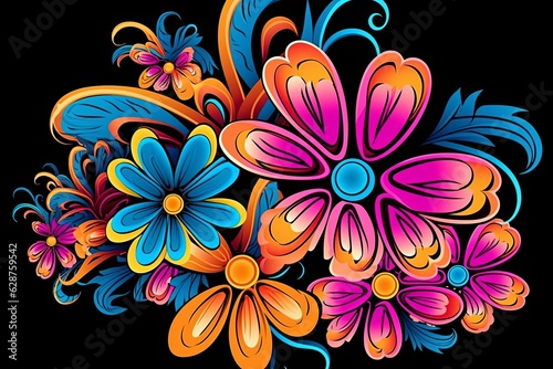 Colorful Vibrant Hand Drawn Radiant Unique Flowers Graphic Illustration Art