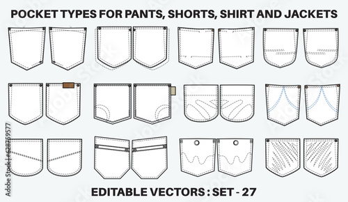 Leinwand Poster Jeans and denim Patch pocket flat sketch vector illustration set, different type