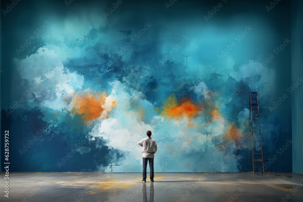 Artist painting blue color and clouds in a wall. Artist and freedom concept. Artist painting blue color and clouds in a wall. Artist and freedom concept.