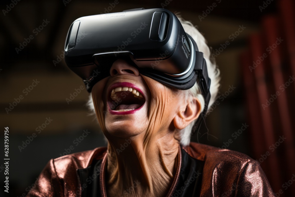 Astonished senior woman with virtual realty headset (VR). New Technology Concept, Cyber Glasses