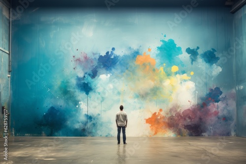 Artist painting blue color and clouds in a wall. Artist and freedom concept.