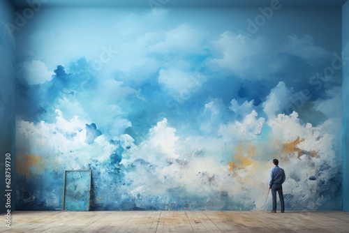 Artist painting blue color and clouds in a wall. Artist and freedom concept.