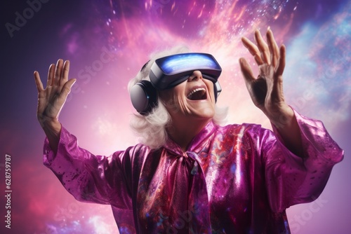 Astonished senior woman with virtual realty headset (VR). New Technology Concept, Cyber Glasses