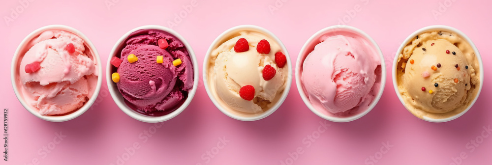 Set of bowls with various colorful Ice Cream scoops with different flavors and fresh ingredients.generative ai