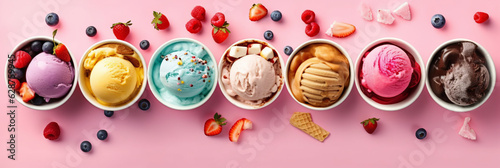 Set of bowls with various colorful Ice Cream scoops with different flavors and fresh ingredients,Generative ai photo