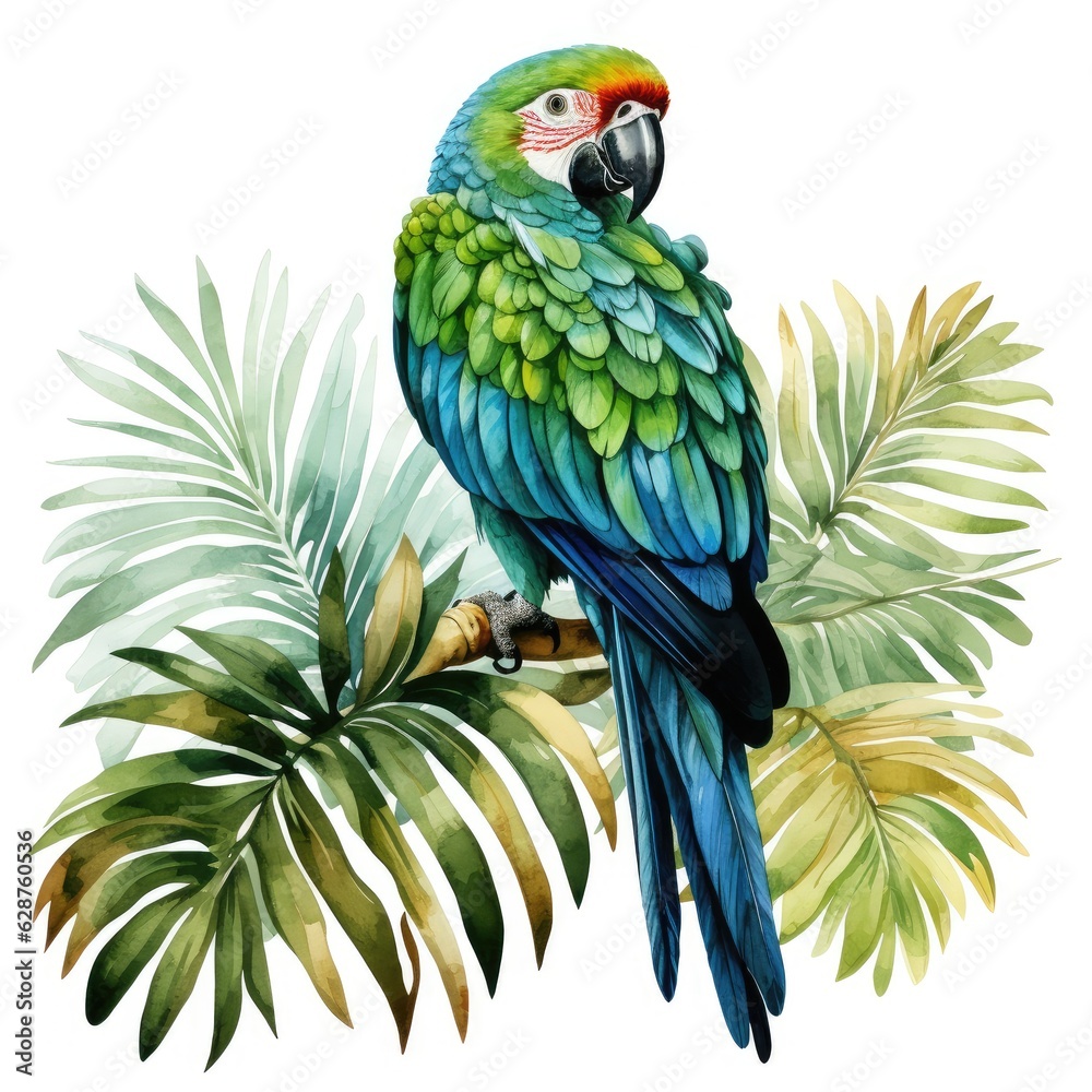 Fototapeta premium watercolor parrot in tropical leaves isolated on white, AI Generated