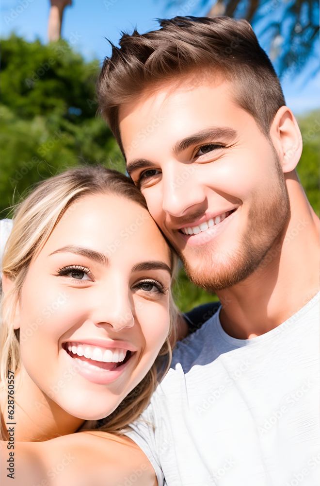 Front view of a couple taking a selfie on the street.