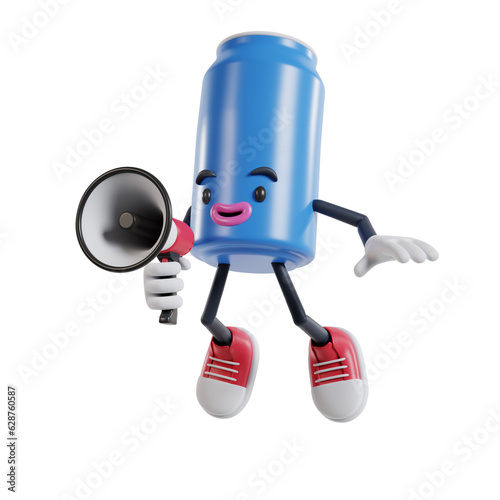 soft drink can cartoon character announces with a megaphone while jumping up into the air, 3d illustration of soft drink cans