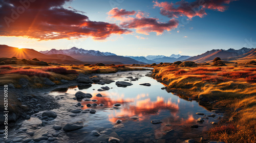 A tranquil and majestic landscape featuring a mountain range bathed in the soft morning light of sunrise