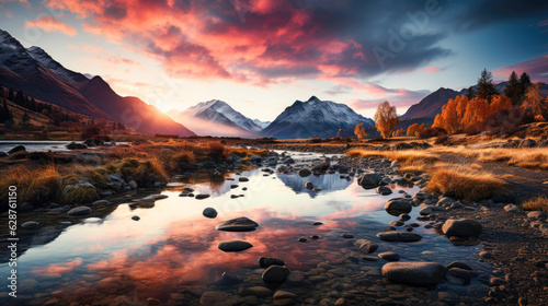 A panoramic image of a serene mountain range at sunrise  reflecting in a calm lake