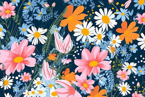 Colorful Vibrant Hand Drawn Unique Flowers Graphic Illustration Background