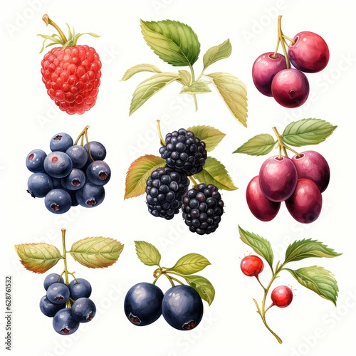 watercolor set of fresh berries isolated on white, AI Generated