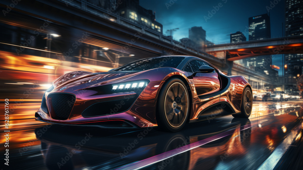 Futuristic Sports Car On Neon Highway, Powerful acceleration of a supercar with colorful lights trails generative ai