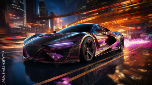 Futuristic Sports Car On Neon Highway, Powerful acceleration of a supercar with colorful lights trails generative ai photo