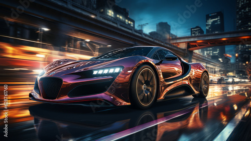 Futuristic Sports Car On Neon Highway, Powerful acceleration of a supercar with colorful lights trails generative ai © JKLoma