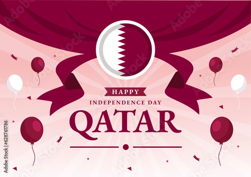 Happy Qatar Independence Day Vector Illustration on 3 September with Waving Flag Background in Flat Cartoon Hand Drawn Landing Page Templates