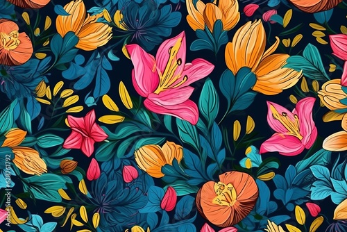 Colorful Vibrant Hand Drawn Unique Flowers Graphic Illustration Background