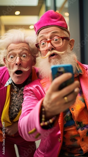 Bright elderly people humorously try to take a selfie with a phone. A lively and carefree moment of entertainment and technology among the elderly. Generative AI
