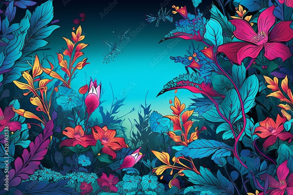 Colorful Vibrant Hand Drawn Unique Flowers Graphic Illustration Background