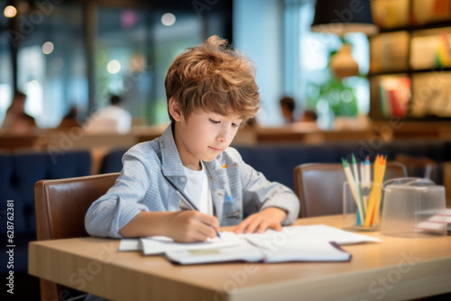 boy doing homework in cafe