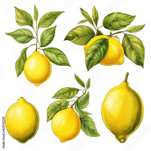 watercolor lemon set isolated on white, AI Generated