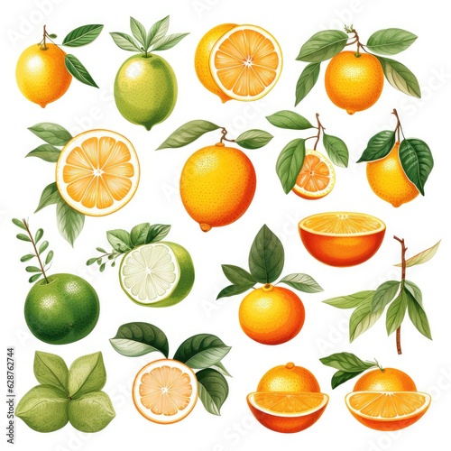 watercolor fresh summer citrus fruit set isolated on white  AI Generated