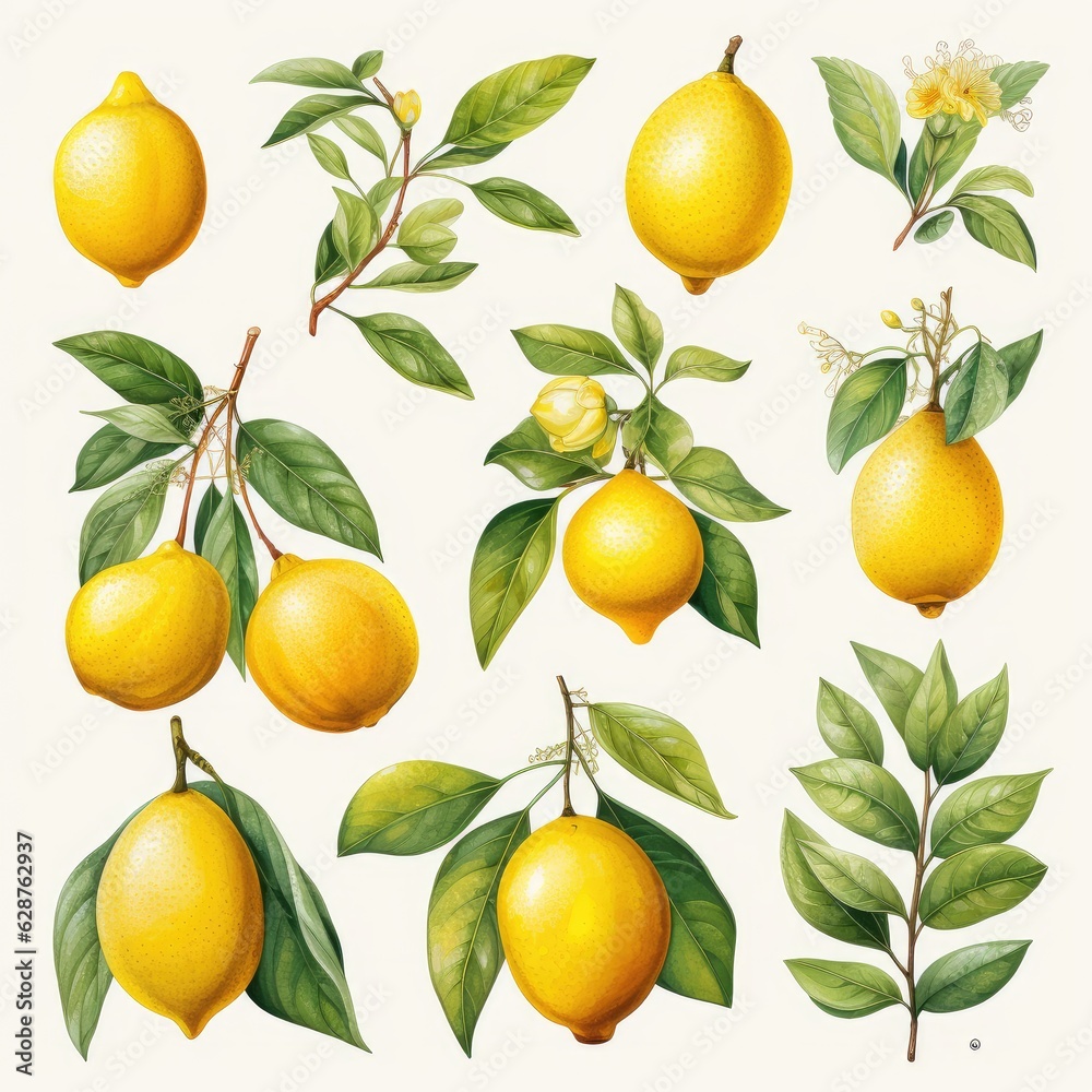 watercolor lemon set isolated on white, AI Generated