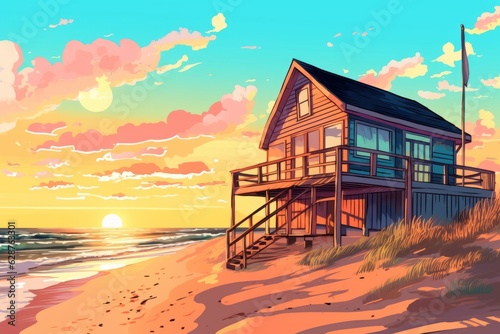 Colorized Drawing of a Summer Beach Cottage