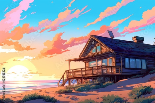 Colorized Drawing of a Summer Beach Cottage