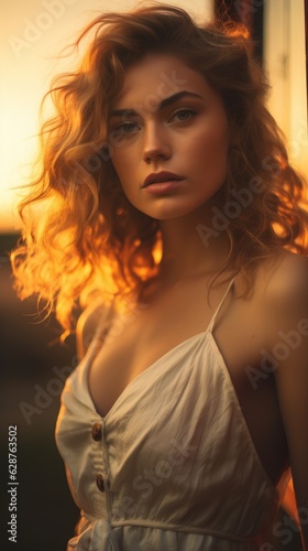 Portrait of a beautiful woman at sunset. Generative AI