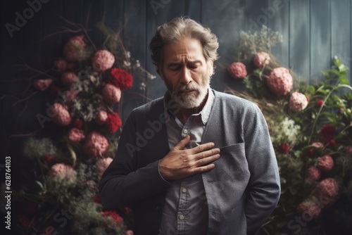 Elderly man having heart attack chest pain.